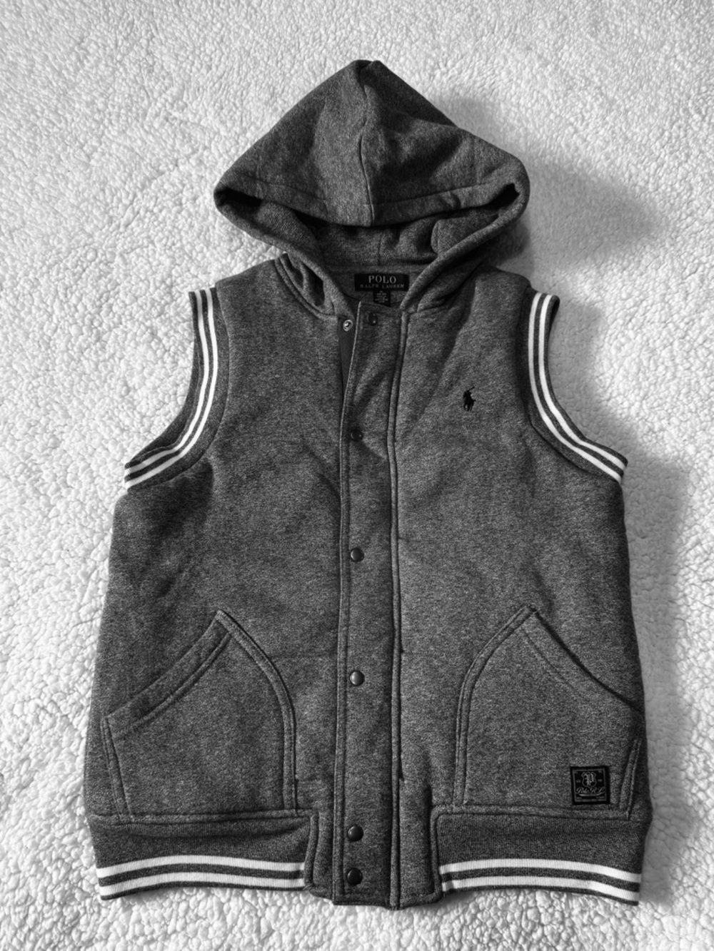 Polo by Ralph Lauren Heather Gray Hooded Sleeveless Vest with Striped Trim